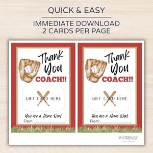 May include: Baseball-themed gift card design with the text "Thank You COACH!!" and a baseball glove and ball illustration. Includes space for a gift card and a message. The design is on a red and white background.