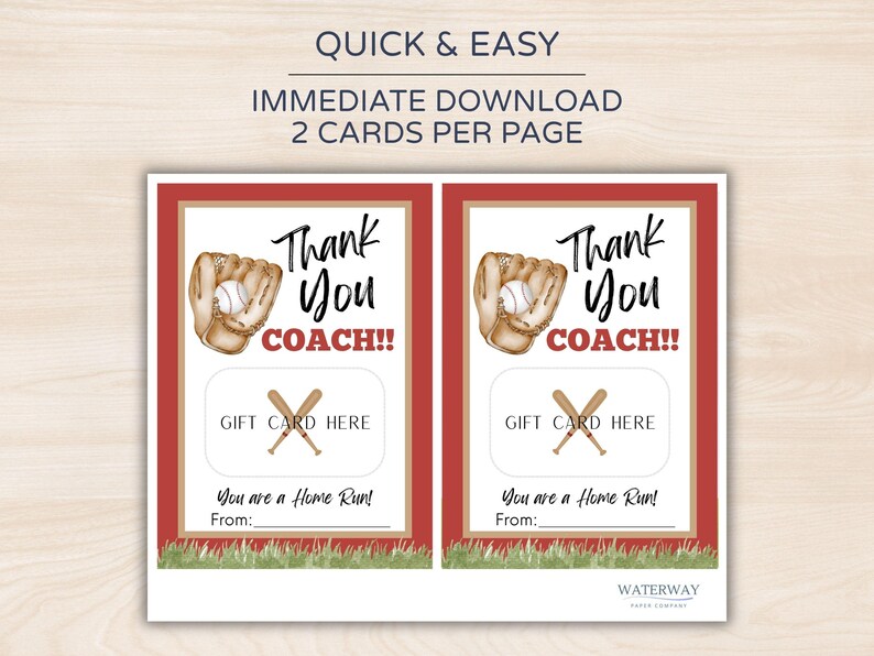 May include: Baseball-themed gift card design with the text "Thank You COACH!!" and a baseball glove and ball illustration. Includes space for a gift card and a message. The design is on a red and white background.
