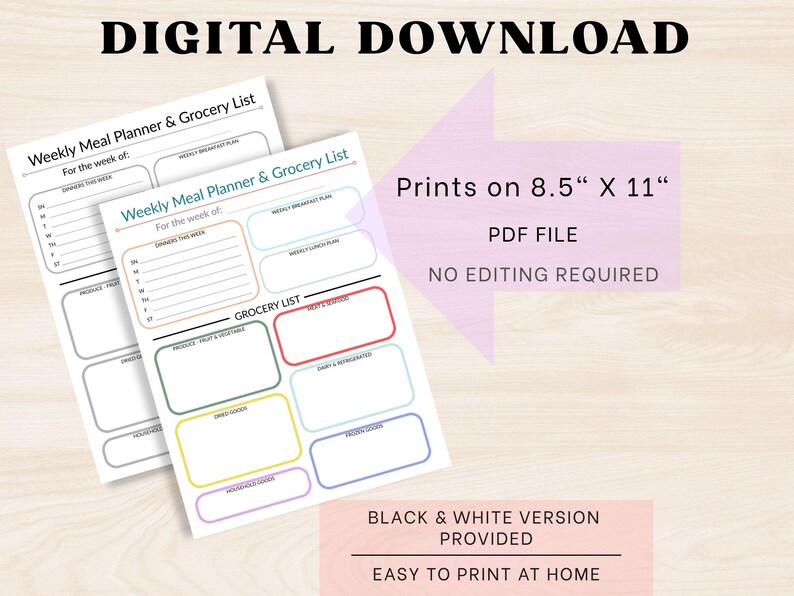 Printable Weekly Meal Planner & Grocery List- Instant Download, Busy ...