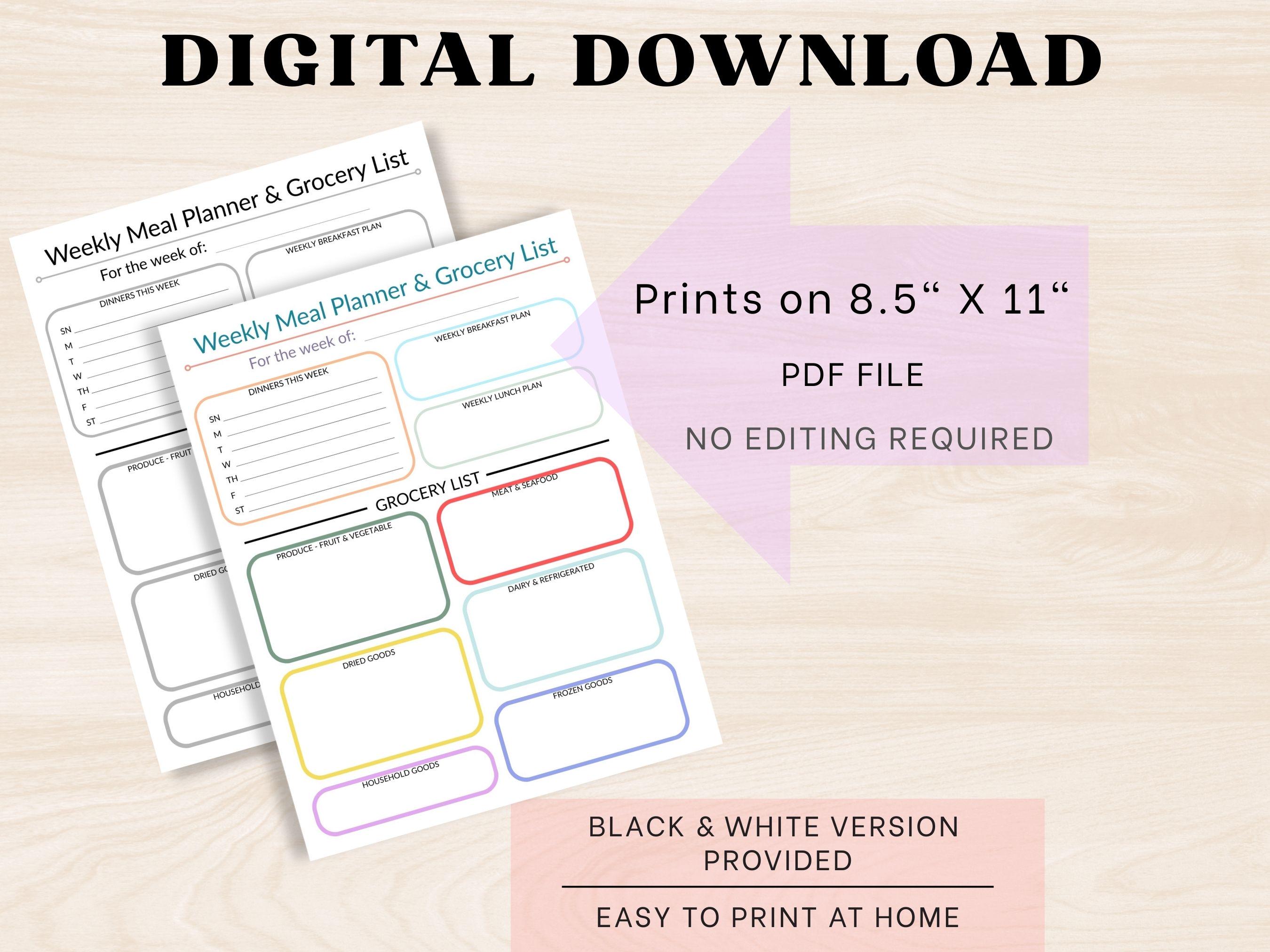 Printable Weekly Meal Planner & Grocery List- Instant Download, Busy ...