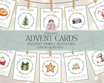 May include: Printable Advent Cards for holiday family activities. The cards are strung on a line with clothespins. Each card features a watercolor illustration and a family activity, such as baking bread or decorating cookies.