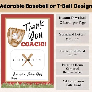 May include: A baseball-themed gift card design with a red border. The card features a baseball glove, baseball, and crossed bats. Text includes "Thank You COACH!!" and "You are a Home Run!" with space for a gift card.