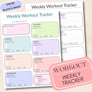 May include: A weekly workout tracker with a pastel color scheme. The tracker includes sections for each day of the week, with space to record workout type, exercises, focus, duration, and intensity. A pink sticker reads "Workout Weekly Tracker."