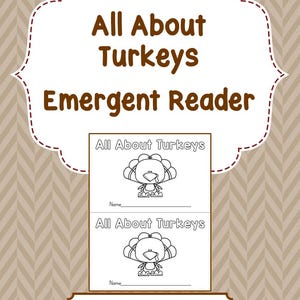 May include: A printable "All About Turkeys" emergent reader featuring a cartoon turkey illustration. The title is in brown text on a white background with a decorative border. The background has a chevron pattern.