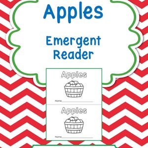 以下が含まれることがあります： 赤と白のシェブロン柄の背景に「Apples」と書かれた初心者向け読本。表紙は青い文字が書かれた白いスカラップフレームで、リンゴのバスケットが描かれた白黒のページが2枚重なっている。