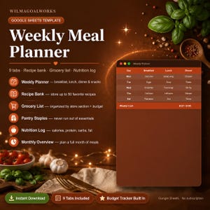 Puede incluir: Una plantilla digital de planificador de comidas semanal para Google Sheets de Wilmagoalworks. La interfaz incluye 9 pestañas, incluyendo un banco de recetas, lista de compras y registro nutricional. Una ventana muestra un horario semanal.