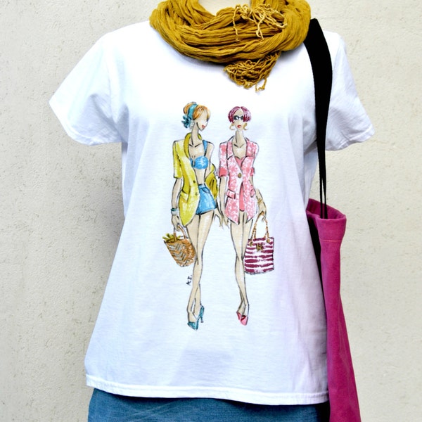 Graphic Top Apparel. Handpainted Tshirt for Fashion Lovers. Unique illustrated blouse, round neck clothe with sketches.