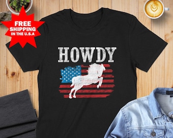 American Flag Horse Shirt, Patriotic USA Horse Shirt, Equestrian Shirt, Patriotic Shirt, Horse Lover Gift, Bull Riding Shirt for Cowboys