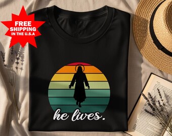 Retro Jesus T-Shirt He Lives Christian Apparel, Religious Tee, Inspirational, Faith Based Design, Jesus Silhouette, Sunset Graphic, T Shirts