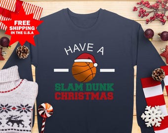 Santa Slam Dunk Christmas Basketball Sweatshirt - Festive Sports Xmas Pajamas Top, Basketball Santa Dunking Gift for The Holidays, Christmas
