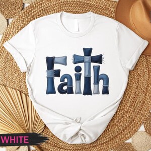 A white t-shirt with the word "Faith" printed in blue letters, surrounded by various items such as a hat, straw hat, and a fan.