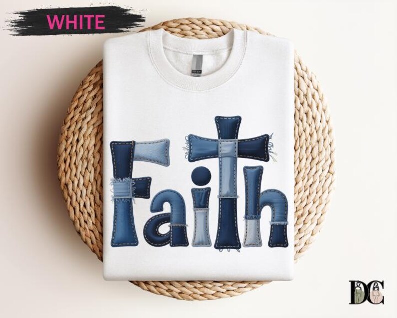 A white t-shirt with the word "Faith" printed in a stylized font made up of blue denim patches.