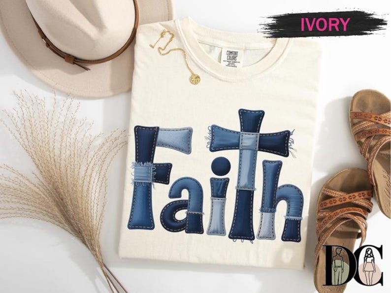 a white t-shirt with a blue cross-shaped design, a beige hat, a pair of sandals, and some decorative elements on a white background.