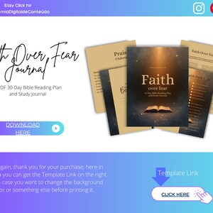 Pode incluir: Um diário digital intitulado "Faith Over Fear" com um plano de leitura bíblica de 30 dias. A capa apresenta um livro aberto com o título em escrita elegante. Páginas adicionais são visíveis, com texto e um botão de download.