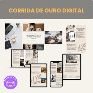 Op de afbeelding: Een digitale marketingpresentatie met de titel "CORRIDA DE OURO DIGITAL" in gouden letters. De afbeelding toont een laptop, tablet en smartphone met inhoud met tekst en afbeeldingen. Een paars "Ready to print"-pictogram staat linksonder.