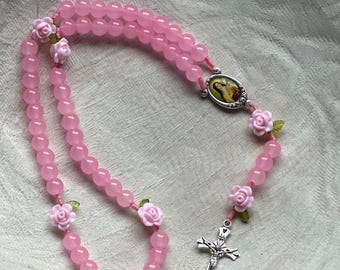 Saint Therese of Lisieux Flower Smaller Space Rosary: pink glass women's Rosary, Catholic Gift, Made by Saintly Miss