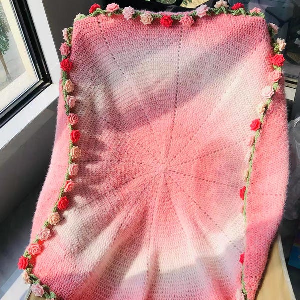 Handmade Crochet Pink Gradient Rose blanket .Unique Handcrafted Gift for Her.