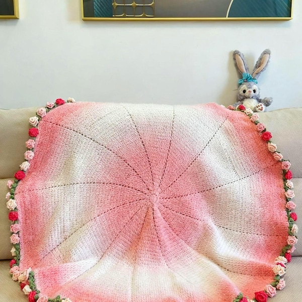 Handmade Crochet Pink Gradient Rose Blanket : Unique Handcrafted gift for Her.