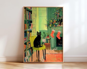 May include: A framed art print shows a domestic interior with a black cat on a yellow chair. A fireplace with Christmas stockings and bookshelves create a warm atmosphere. The illustration uses a green and yellow colour scheme, evoking a sense of comfort.
