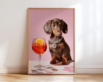 Aperol Spritz Dachshund Poster, Unique & Funny Dog Lover Bar Cart Print Trendy Digital Download