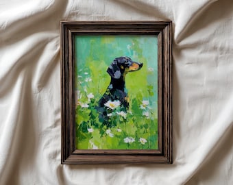 Whimsical Dachshund Oil Painting Print, Floral Doxie Art (Digital Download)
