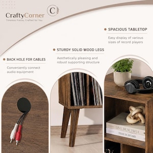 May include: A brown wood-grain record player stand featuring a spacious tabletop, sturdy solid wood legs, and a back hole for cables. The unit includes storage compartments for vinyl records, books, and decorative items, with text labels.