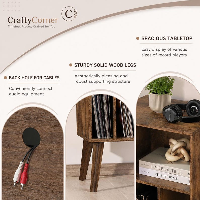 May include: A brown wood-grain record player stand featuring a spacious tabletop, sturdy solid wood legs, and a back hole for cables. The unit includes storage compartments for vinyl records, books, and decorative items, with text labels.