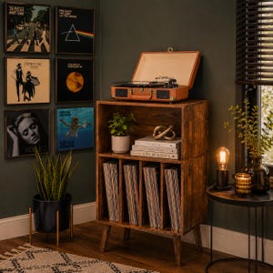 May include: A wooden record player stand with four vertical storage compartments for vinyl records, featuring a portable orange suitcase-style turntable on top, a small potted plant, and stacked books on the middle shelf, set against a dark wall.