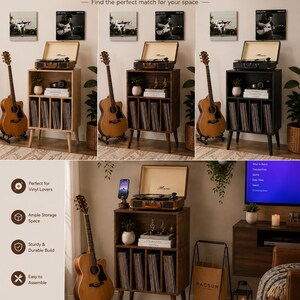 May include: A wooden record player stand with a top surface for a turntable, a middle shelf for books and decor, and four vertical slots for vinyl records. The stand features tapered legs and is shown in light wood, dark wood, and black finishes.