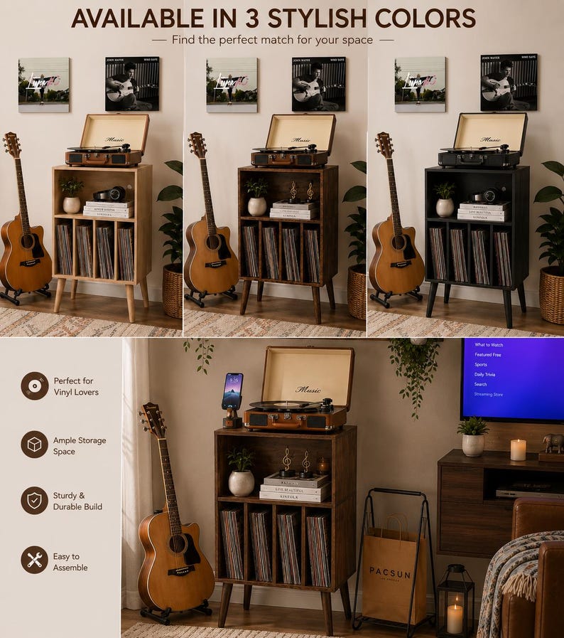 May include: A wooden record player stand with a top surface for a turntable, a middle shelf for books and decor, and four vertical slots for vinyl records. The stand features tapered legs and is shown in light wood, dark wood, and black finishes.