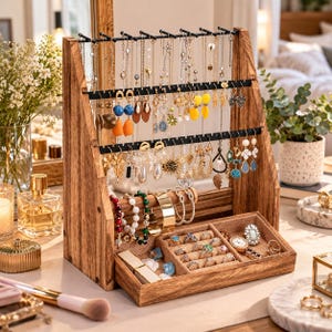 May include: A wooden jewelry organizer stand featuring multiple horizontal bars for hanging necklaces and earrings, and a lower tray with fabric-lined compartments for storing rings, bracelets, and watches. The structure is made of natural wood.