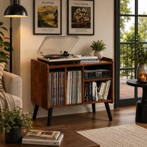 Mid Century Modern Record Player Stand, Vinyl Storage Cabinet, Turntable Stand with Adjustable Shelves