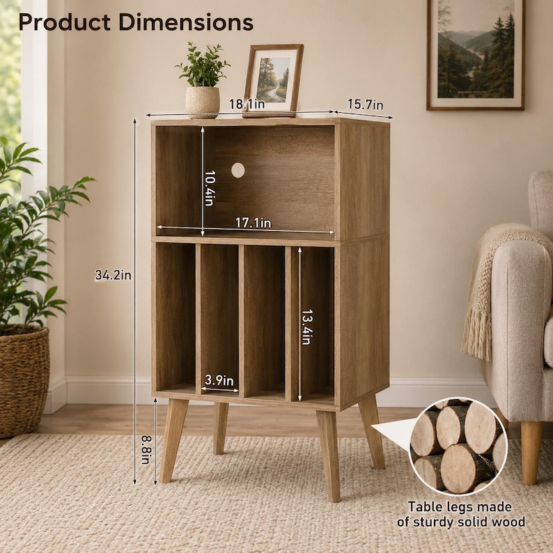 May include: A light brown wooden storage cabinet with an open top shelf and four vertical compartments below. The unit stands on four angled legs and features dimensions of 34.2 inches high, 18.1 inches wide, and 15.7 inches deep.