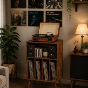 May include: A brown wooden record player stand with four vertical storage compartments for vinyl records, two black speakers, and a shelf holding CDs. A portable brown suitcase-style record player with the word Music printed on it sits on top.
