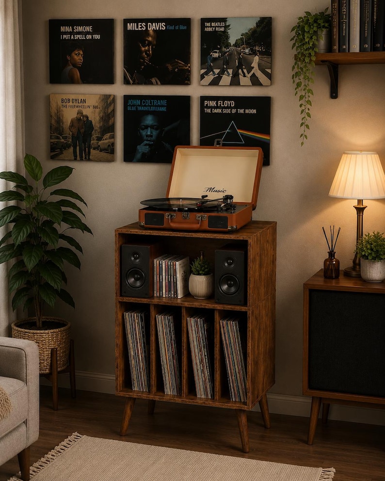 May include: A brown wooden record player stand with four vertical storage compartments for vinyl records, two black speakers, and a shelf holding CDs. A portable brown suitcase-style record player with the word Music printed on it sits on top.