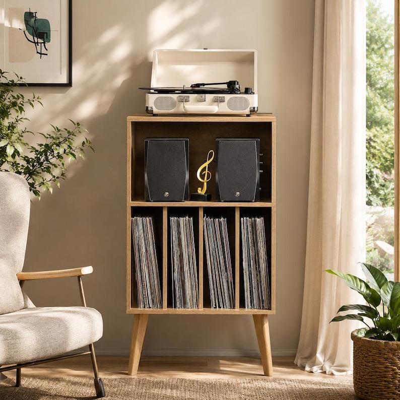 May include: A light brown wooden record storage cabinet with four vertical compartments for vinyl records, two black speakers, and a gold treble clef ornament on the middle shelf, topped with a cream-colored portable record player.