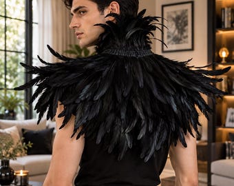 Black Feather Gothic Raven Cape, Natural Rooster Feathers, Renaissance Faire Cosplay Accessory