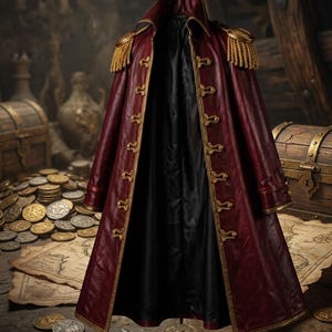 Puede incluir: Un abrigo de pirata burdeos con ribetes y charreteras doradas. El abrigo tiene un interior negro y botones dorados decorativos. El abrigo está abierto, revelando el interior. El abrigo se exhibe frente a un cofre del tesoro y monedas.