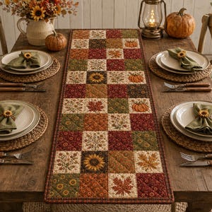 May include: A rectangular quilted table runner featuring a patchwork pattern of autumn-themed squares, including sunflowers, pumpkins, and fall leaves in shades of orange, red, green, and brown, centered on a wooden dining table with place settings.