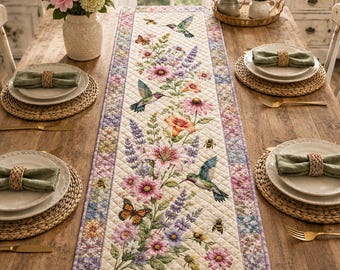 Hummingbird Quilted Table Runner, Wildflower Butterfly Floral Runner, Spring Garden Dining Table, Farmhouse Kitchen Table Accent