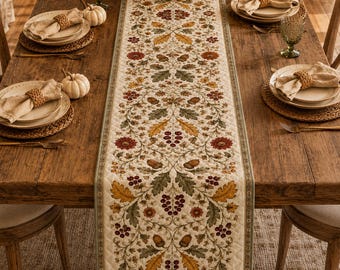 Autumn Oak Leaf Quilted Table Runner, Acorn Berry Floral Table Decor, Thanksgiving Harvest Runner, Vintage Farmhouse Fall Dining Decor