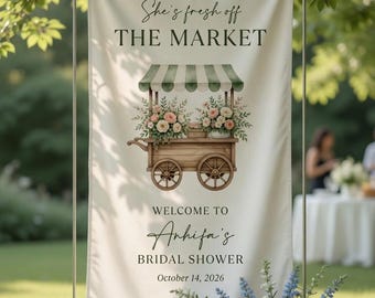 She's Fresh Off The Market Bridal Shower Welcome Sign, Custom Wedding Fabric Sign, Floral Bridal Decor, Personalized Bridal Party Banner