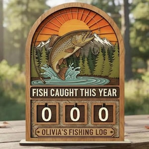 Letrero de seguimiento de peces capturados este año, registro de pesca personalizado, contador de peces de madera, decoración personalizada con nombre de pescador, letrero de cabaña de pesca