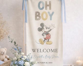 Personalisierte Oh Boy Babyparty Willkommen Zeichen, Mickey Mouse Baby Shower Party Banner, Disney Mickey Stoff Zeichen, Babypartygeschenk