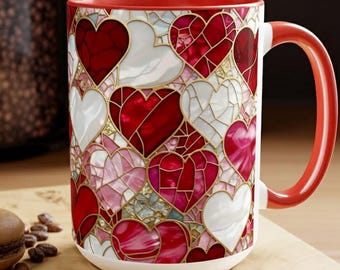 Valentine Heart Mug, Pink Red Stained Glass Bow Cup, Cute Romantic Coffee Mug for Her, Love Gift for Girlfriend or Wife