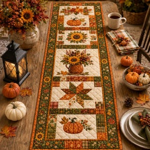 May include: A rectangular quilted table runner featuring a patchwork design with autumn motifs including pumpkins, sunflowers, and a star pattern in shades of orange, green, and brown, bordered by a floral print with sunflowers and fall leaves.