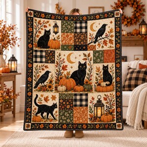 Coperta trapuntata con gatto nero e corvo, coperta autunnale patchwork con zucche, biancheria da letto trapuntata con luna autunnale, decorazione rustica per letto in stile fattoria per Halloween
