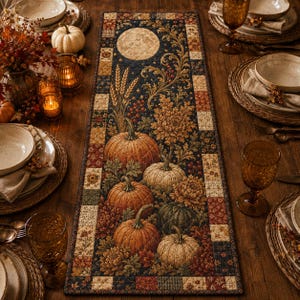 Puede incluir: Un camino de mesa acolchado rectangular con fondo azul marino oscuro, que presenta una escena de cosecha central con calabazas naranjas y verdes, tallos de trigo y flores de otoño bajo una luna llena, bordeado por un mosaico de cuadros florales.