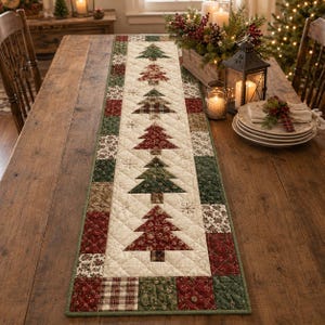 Può includere: Un runner da tavola trapuntato rettangolare con un pannello centrale color crema decorato da una fila verticale di applicazioni in tessuto a forma di albero di Natale, alternate tra rosso e verde, circondato da un bordo di quadrati patchwork.