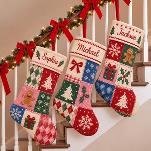 Personalisierter Patchwork-Weihnachtsstrumpf, Samtstrumpf mit individuellem Namen, Lebkuchen-Schneeflockenbaum-Weihnachtsstrumpf, Weihnachtsdekoration